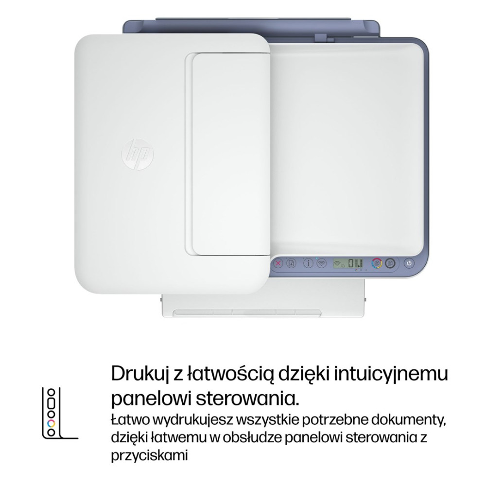 Biała drukarka HP z niebieską pokrywą i panelem sterowania.