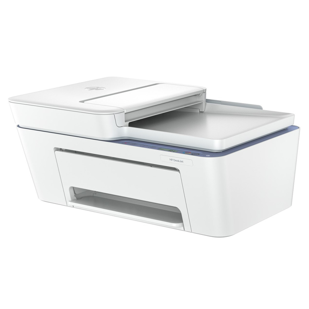Biała drukarka HP DeskJet z otwartą pokrywą skanera i wysuniętą tacą odbioru papieru.