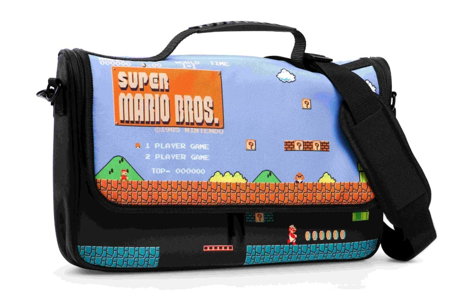 Una borsa con il tema Super Mario Bros. nello stile del classico videogioco.