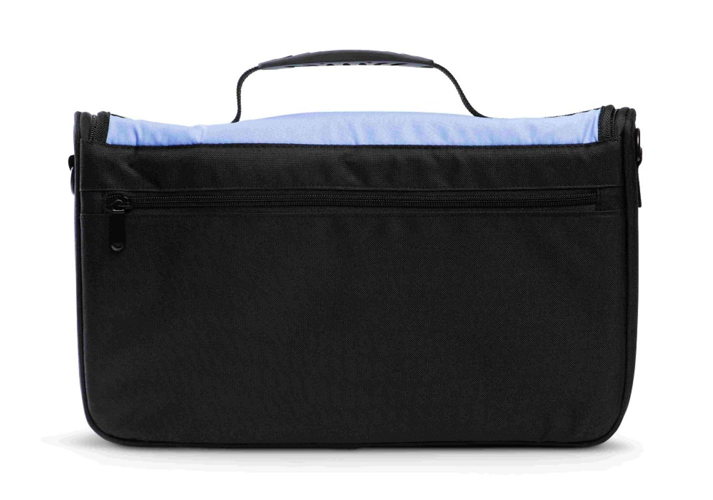 Borsa messenger nera con interno azzurro e tasca frontale con zip.