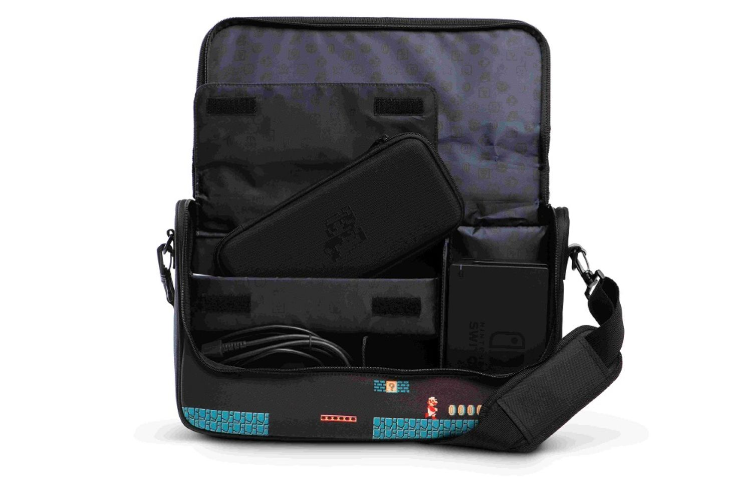 Borsa nera Nintendo Switch a tema Mario. Contiene console, custodia e cavi.