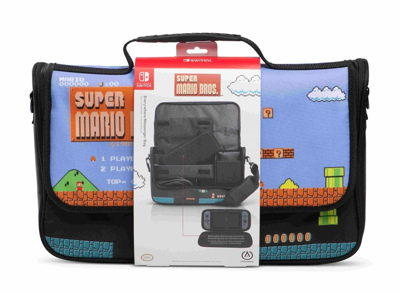 Una borsa a tracolla a tema Super Mario Bros. per Nintendo Switch con grafica.