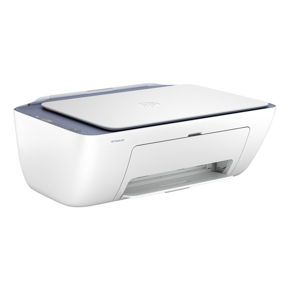 Biała drukarka HP DeskJet z niebieskimi akcentami na białym tle.