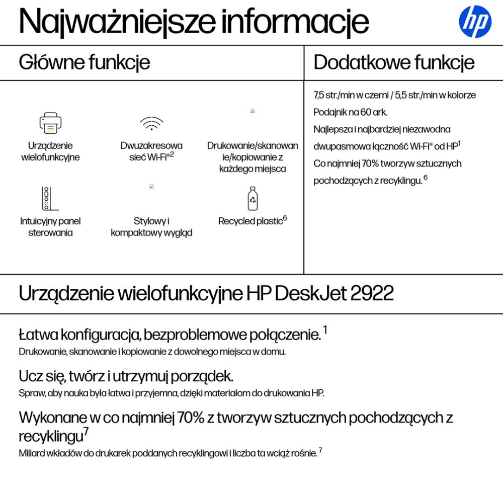 Drukarka wielofunkcyjna HP DeskJet 2922 z funkcjami i tworzywem z recyklingu.
