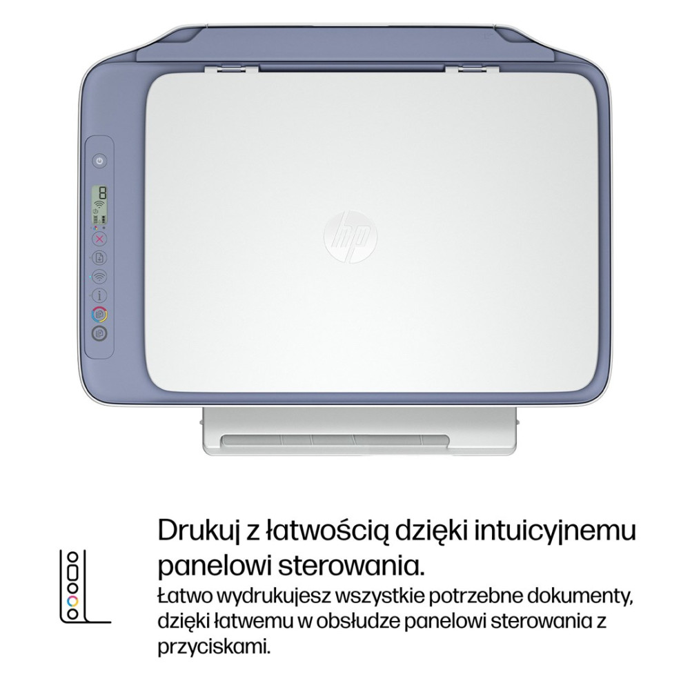 Drukarka HP biało-niebieska z panelem sterowania po lewej stronie.