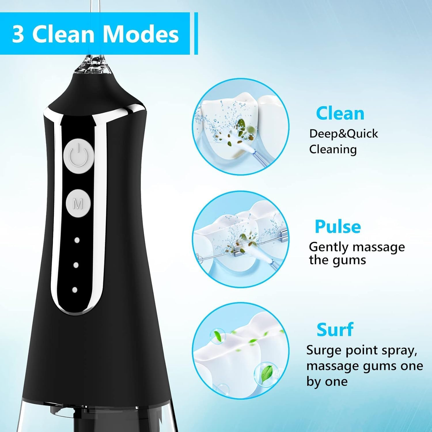 Schwarzer Wasserflosser mit 3 Reinigungsmodi: Clean, Pulse, Surf.
