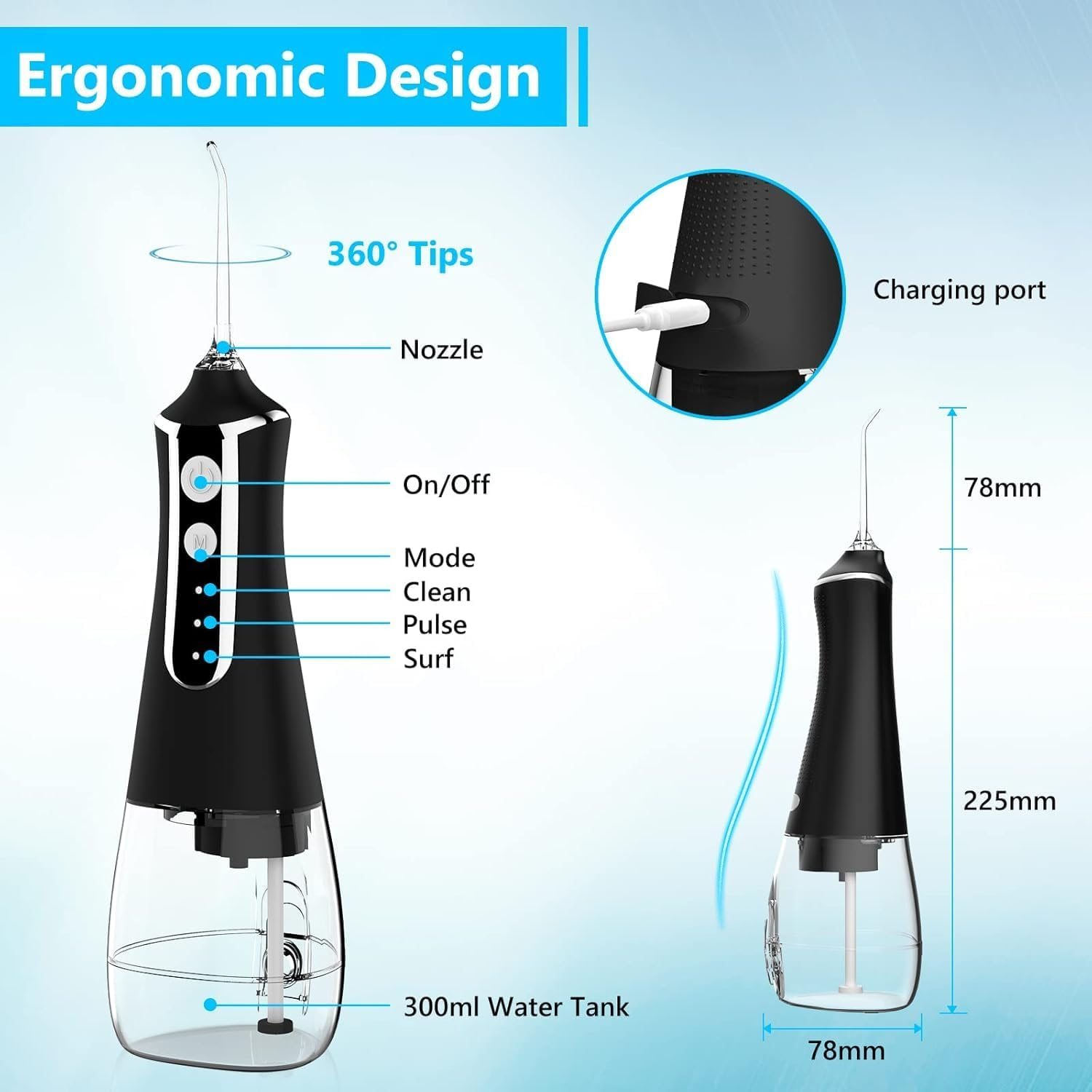Ein schwarzer, ergonomischer Wasserrad-Zahnreiniger mit 360°-Spitze, 300 ml Tank.