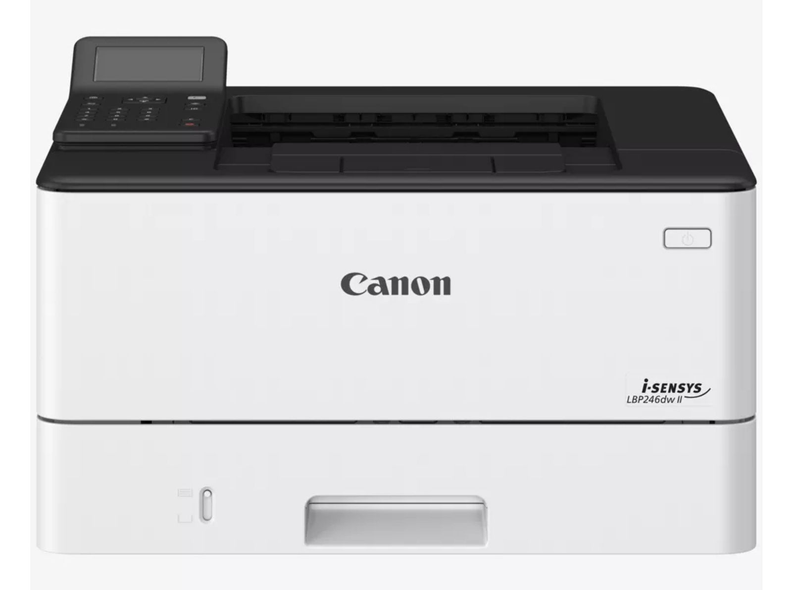 Biała drukarka laserowa Canon i-SENSYS z czarnym panelem sterowania i wyświetlaczem.