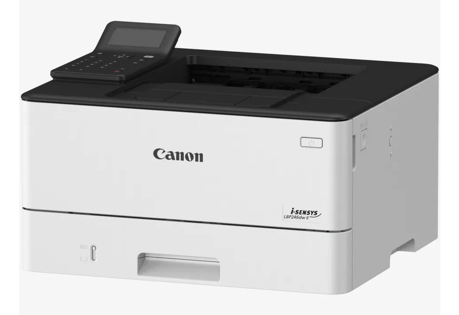 Biała drukarka laserowa Canon i-SENSYS LBP246dw II z czarnym panelem sterowania.
