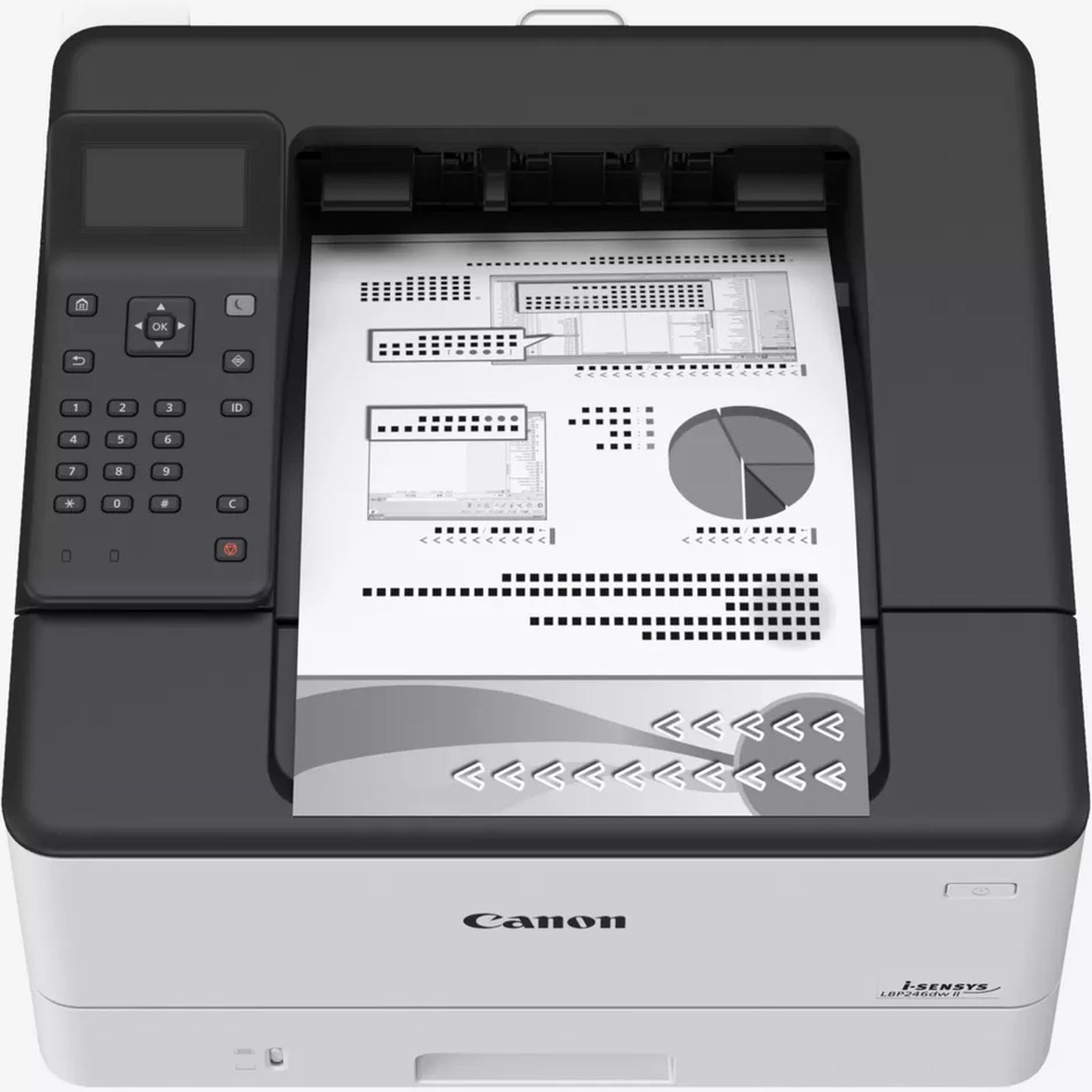 Czarna drukarka laserowa Canon z wydrukowanym dokumentem zawierającym wykresy i tekst.