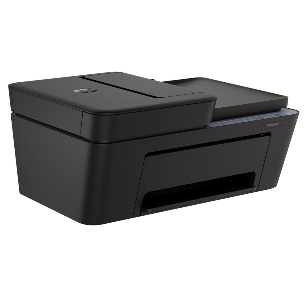 Czarna drukarka HP DeskJet ze skanerem i kopiarką na białym tle.