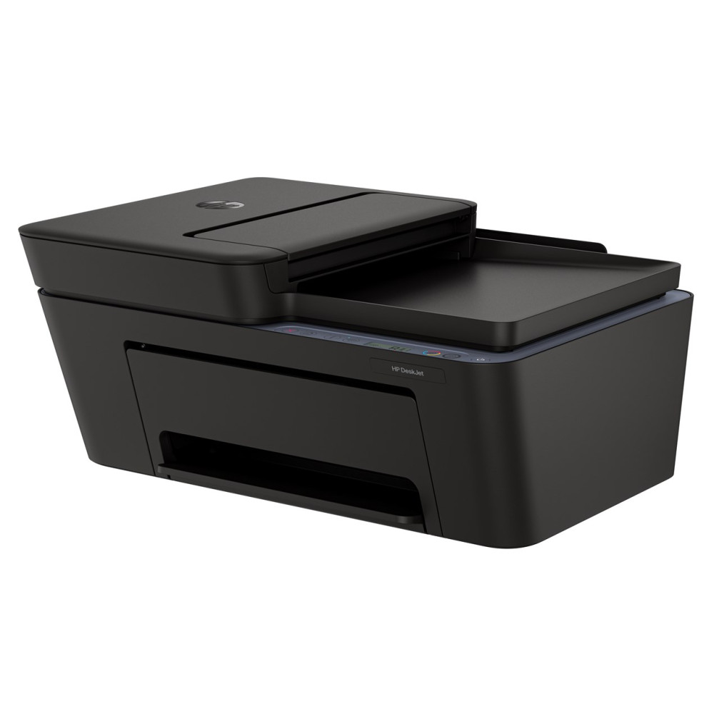 Czarna drukarka HP DeskJet ze skanerem i kopiarką na białym tle.