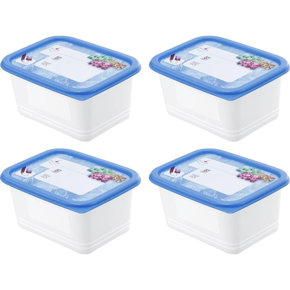 Quattro contenitori bianchi per alimenti con coperchi blu e immagini di frutta.