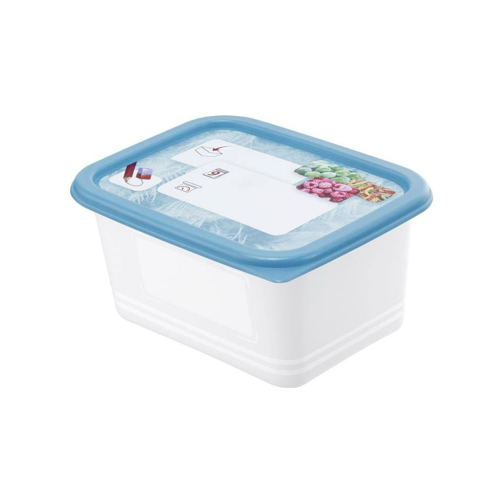 Un contenitore bianco in plastica con coperchio blu, con icone di cibo.