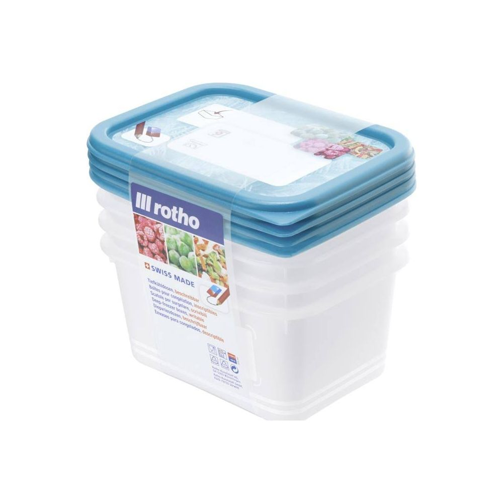 Una pila di contenitori alimentari in plastica trasparente con coperchi blu, etichettati 'rotho'.