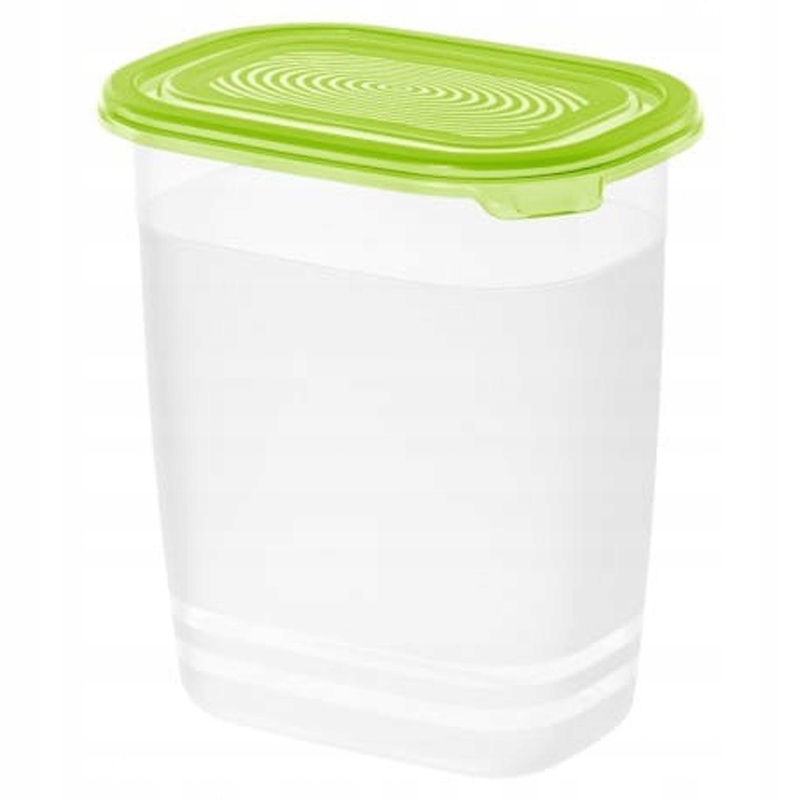 Przezroczysty plastikowy pojemnik z limonkowej zieleni pokrywką ze wzorem spirali.