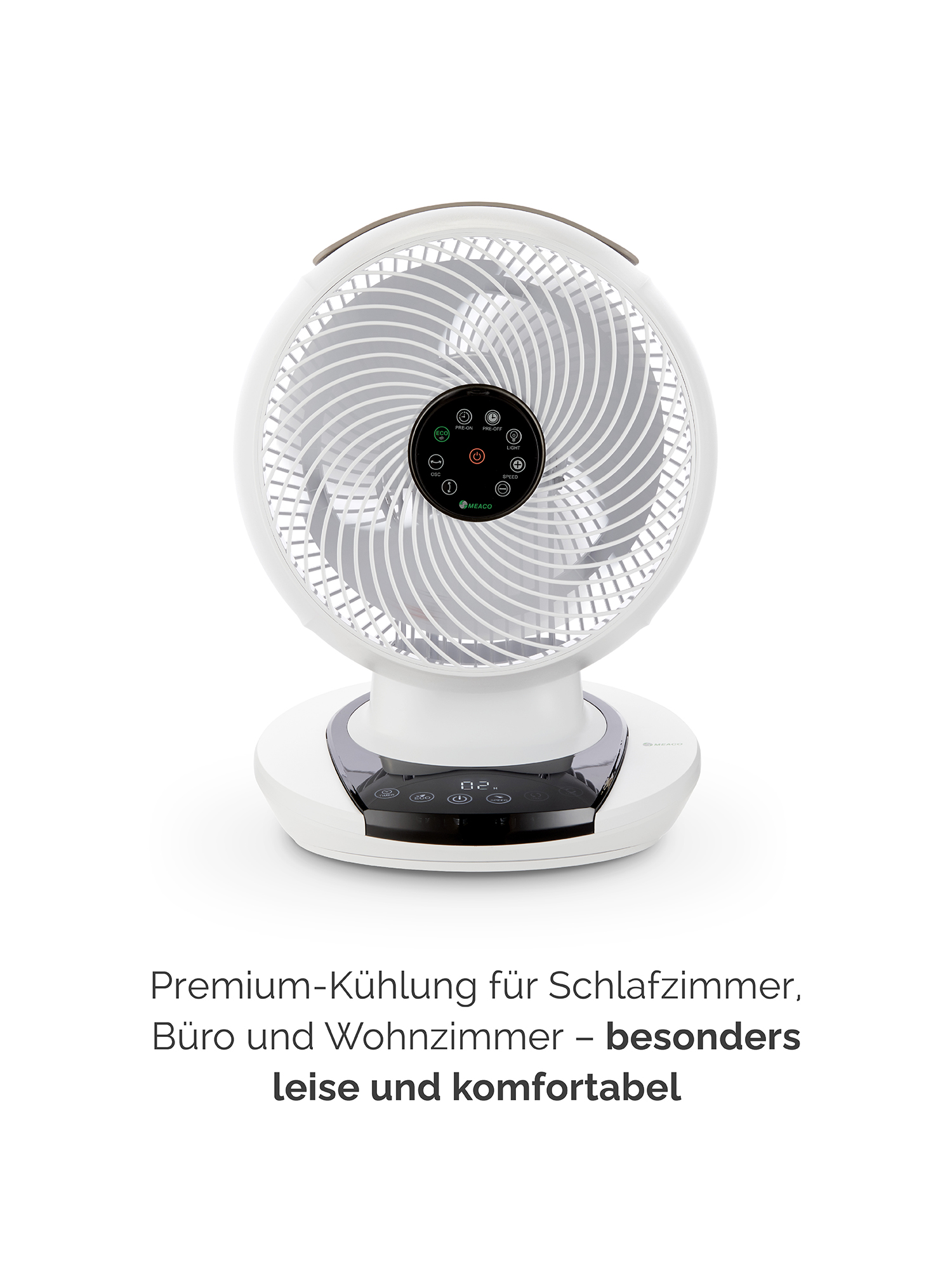 Ein weißer Ventilator mit schwarzem Bedienfeld und digitalen Anzeigen.