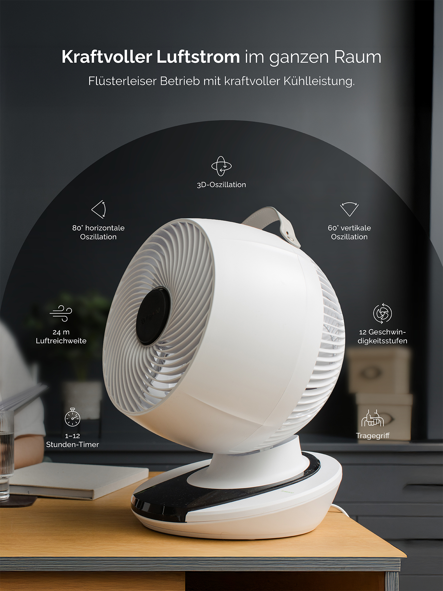 Ein weißer Ventilator mit 80° horizontaler Oszillation, 60° vertikaler Oszillation, 24m Reichweite, 12 Stufen, Timer und Griff.