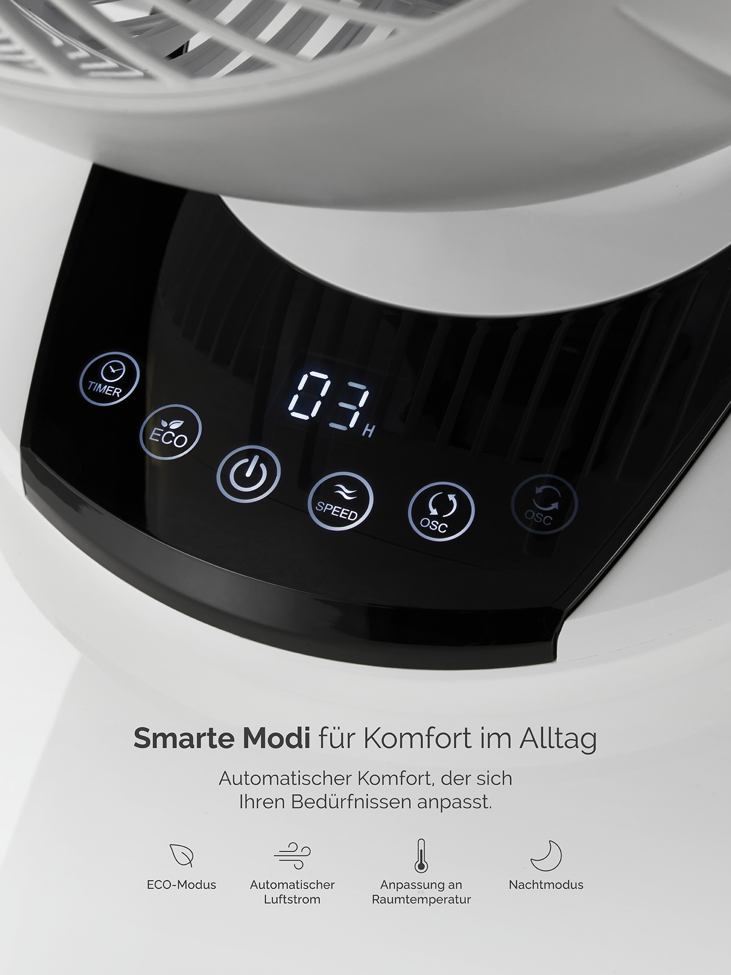 Nahaufnahme des Bedienfelds eines weißen Ventilators mit Symbolen für Timer, Eco, Geschwindigkeit und Oszillation.