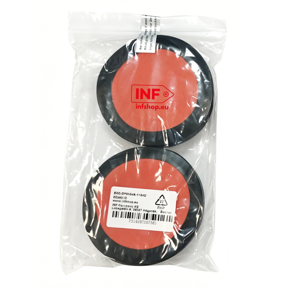 Twee rode ronde filters met zwarte rand in een plastic zak.