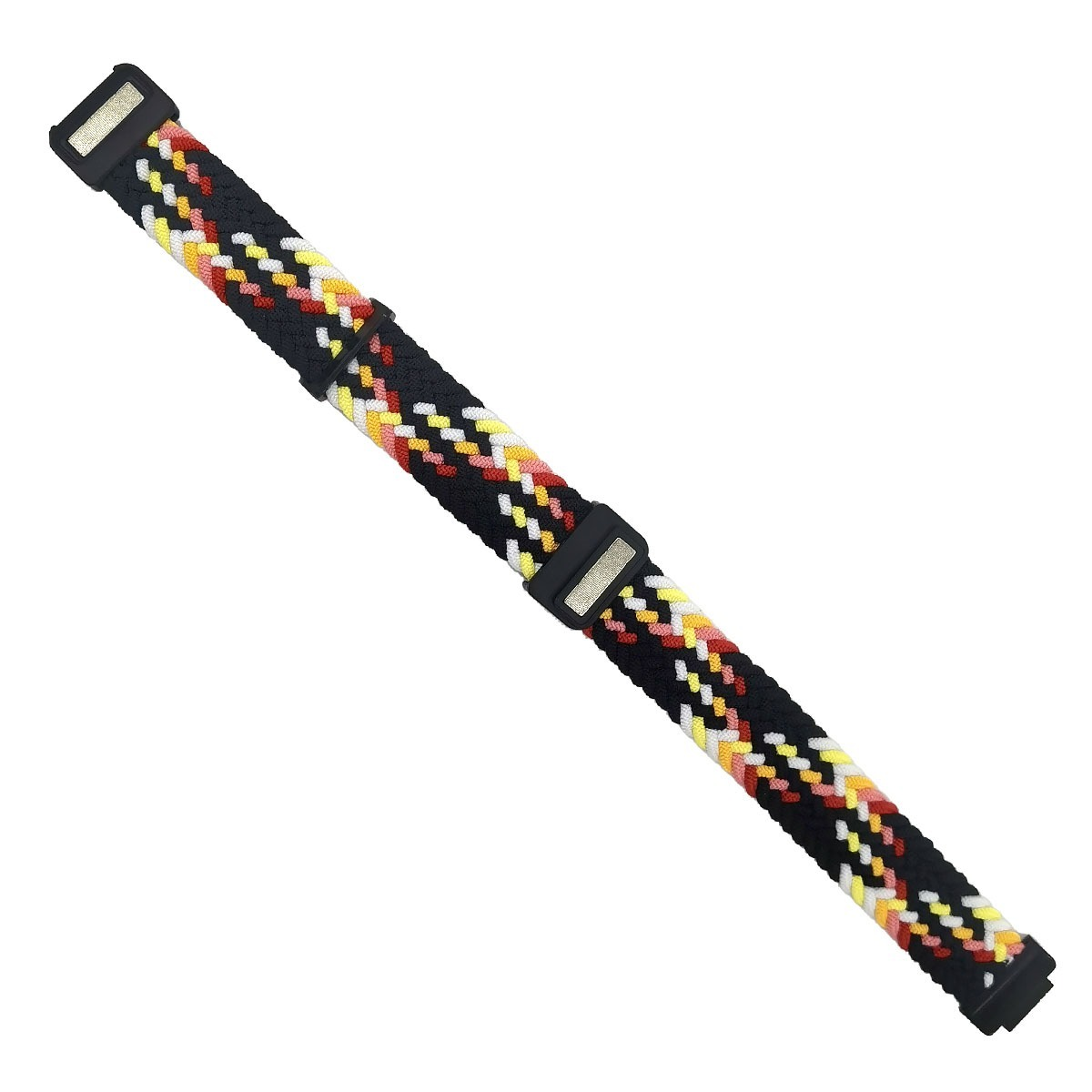 Ein schwarzes Armband mit einem Zopfmuster in Rot, Gelb und Weiß, mit schwarzen Schnallen.