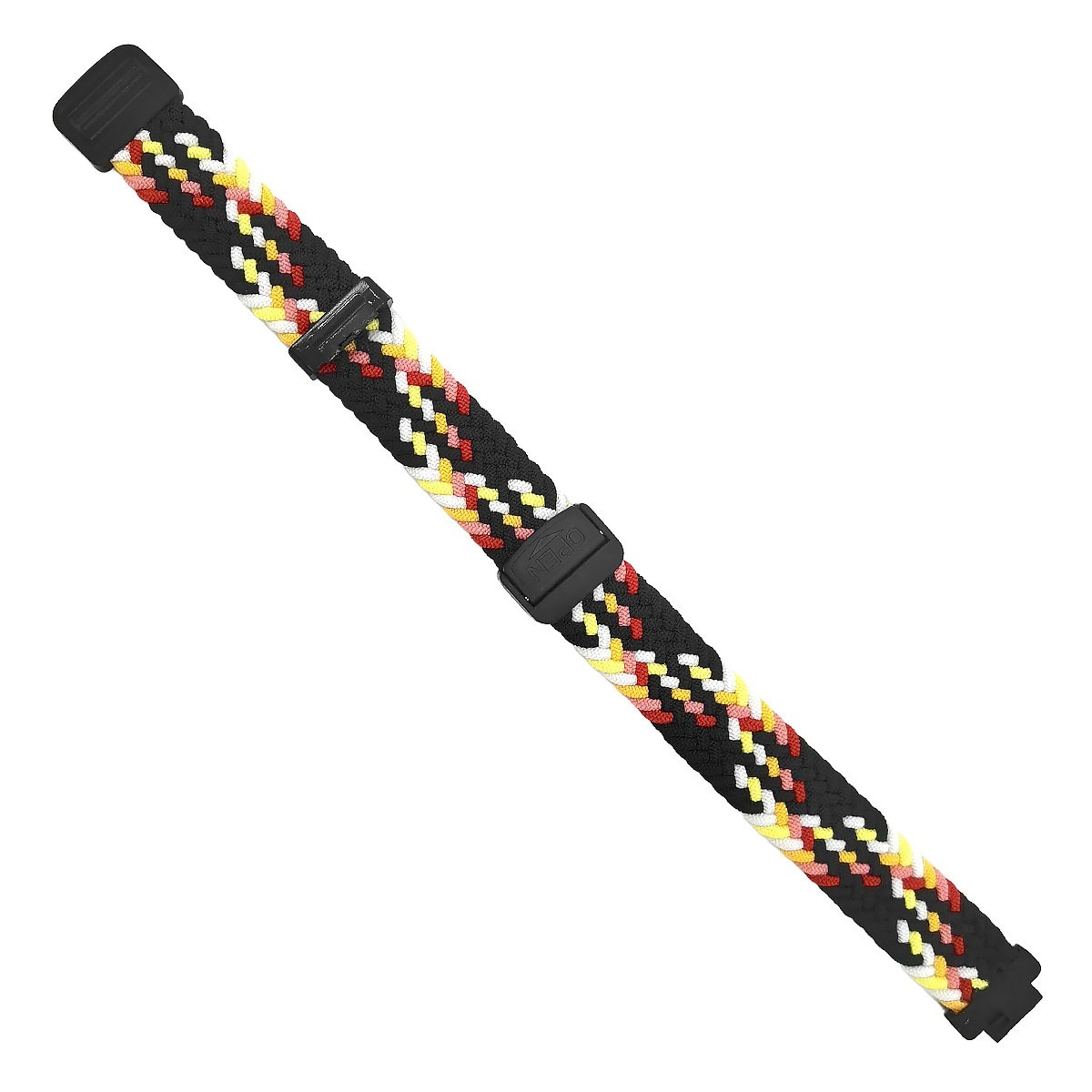 Ein schwarz-weiß-rotes und gelbes geflochtenes Armband mit schwarzen Clips.