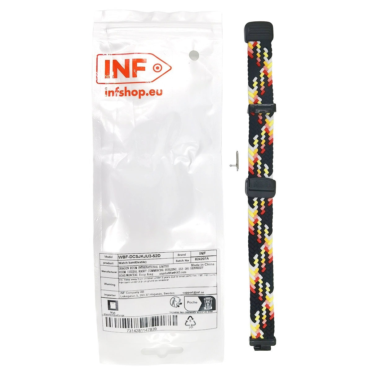 Ein buntes Textil-Uhrenarmband mit schwarzen, gelben und roten Zickzackmustern.