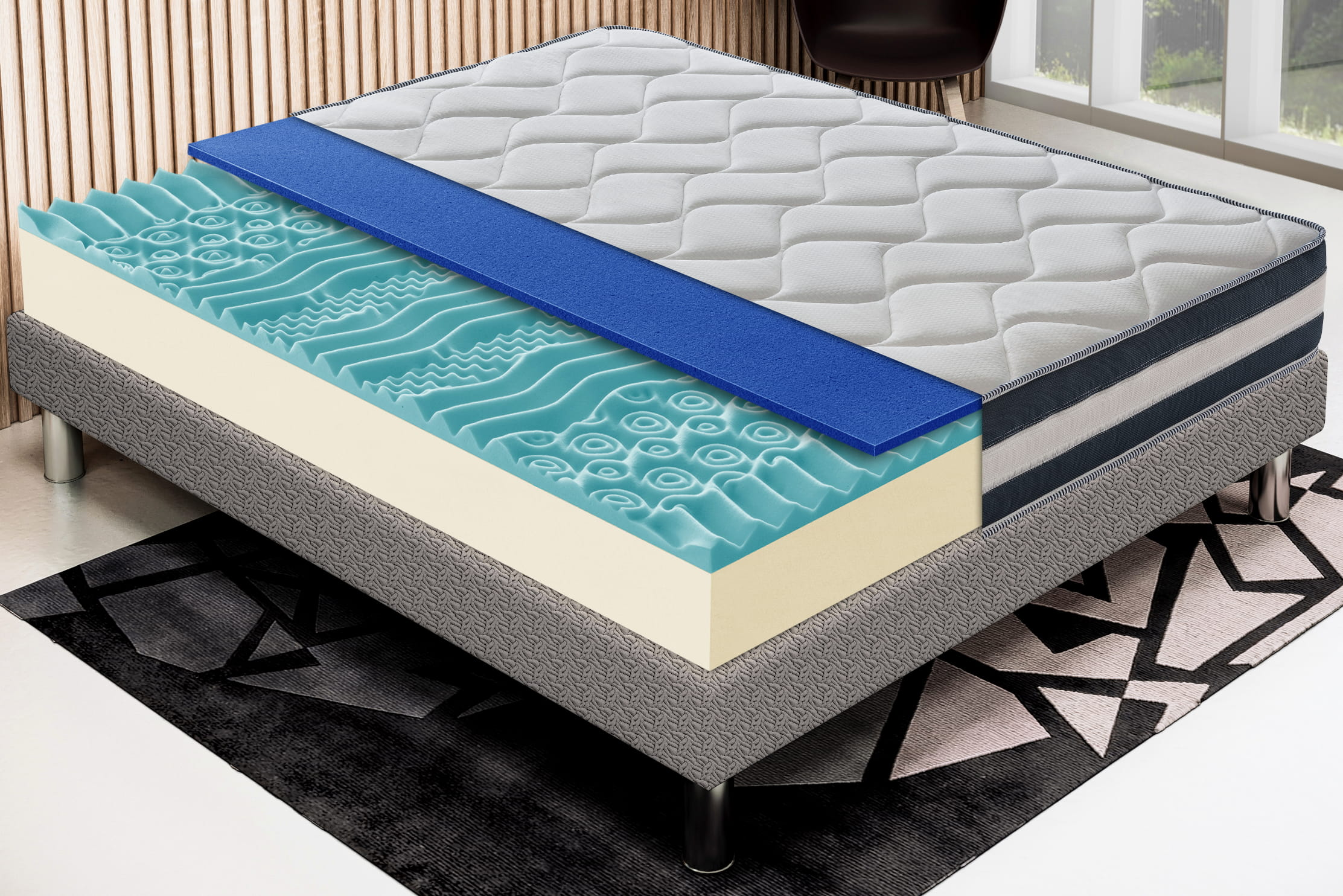 Corte de un colchón mostrando capas de espuma: superior acolchada, azul y turquesa.