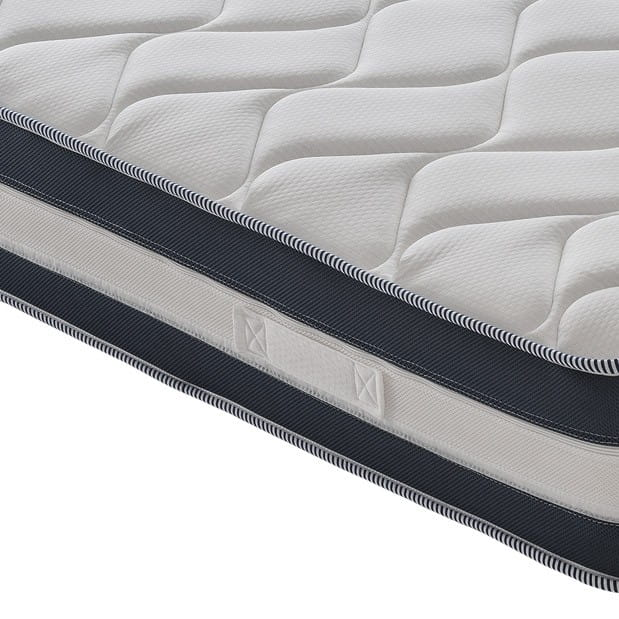 Primer plano de un colchón blanco acolchado con borde de rayas azul oscuro y blanco.