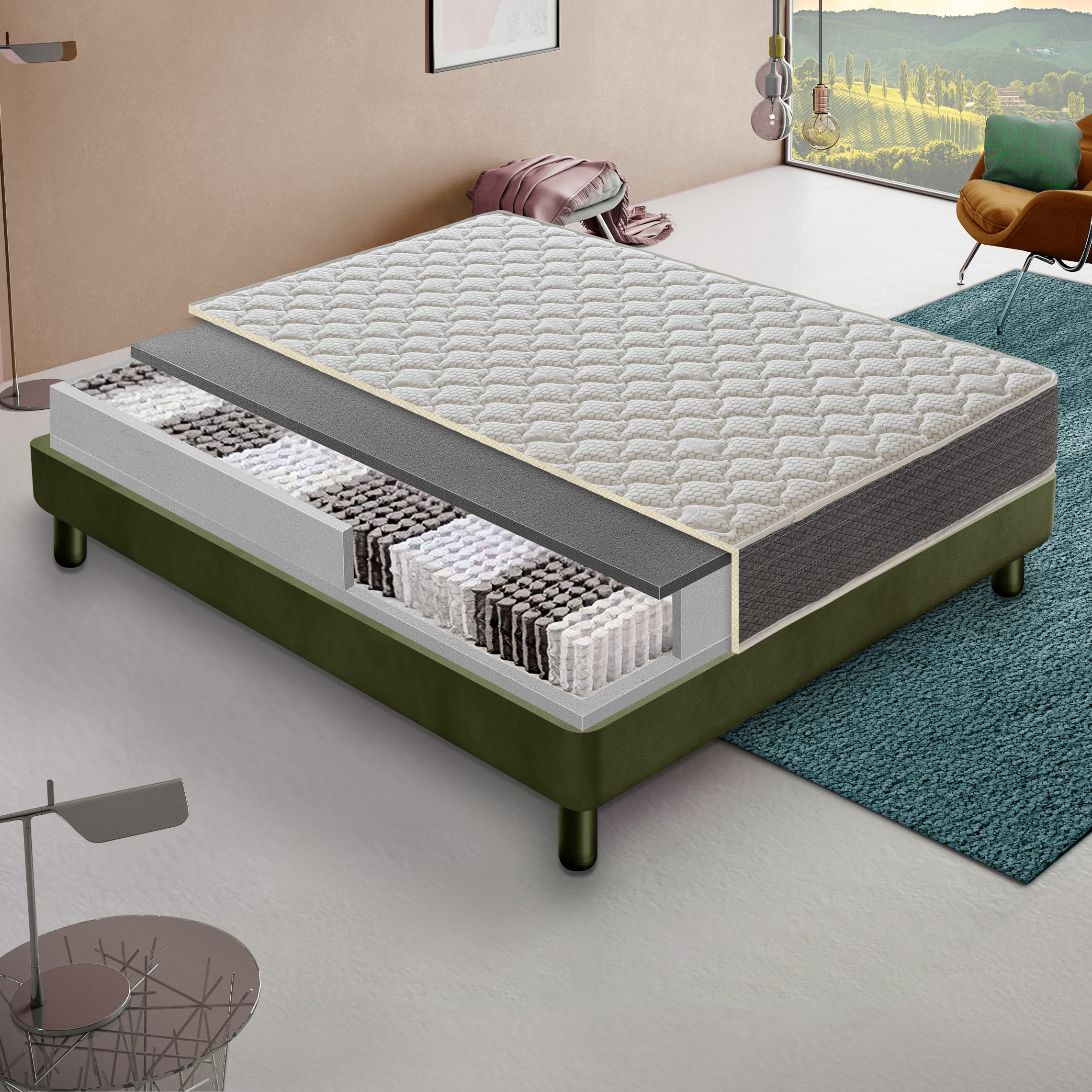Una cama con un corte de colchón que muestra los muelles ensacados.