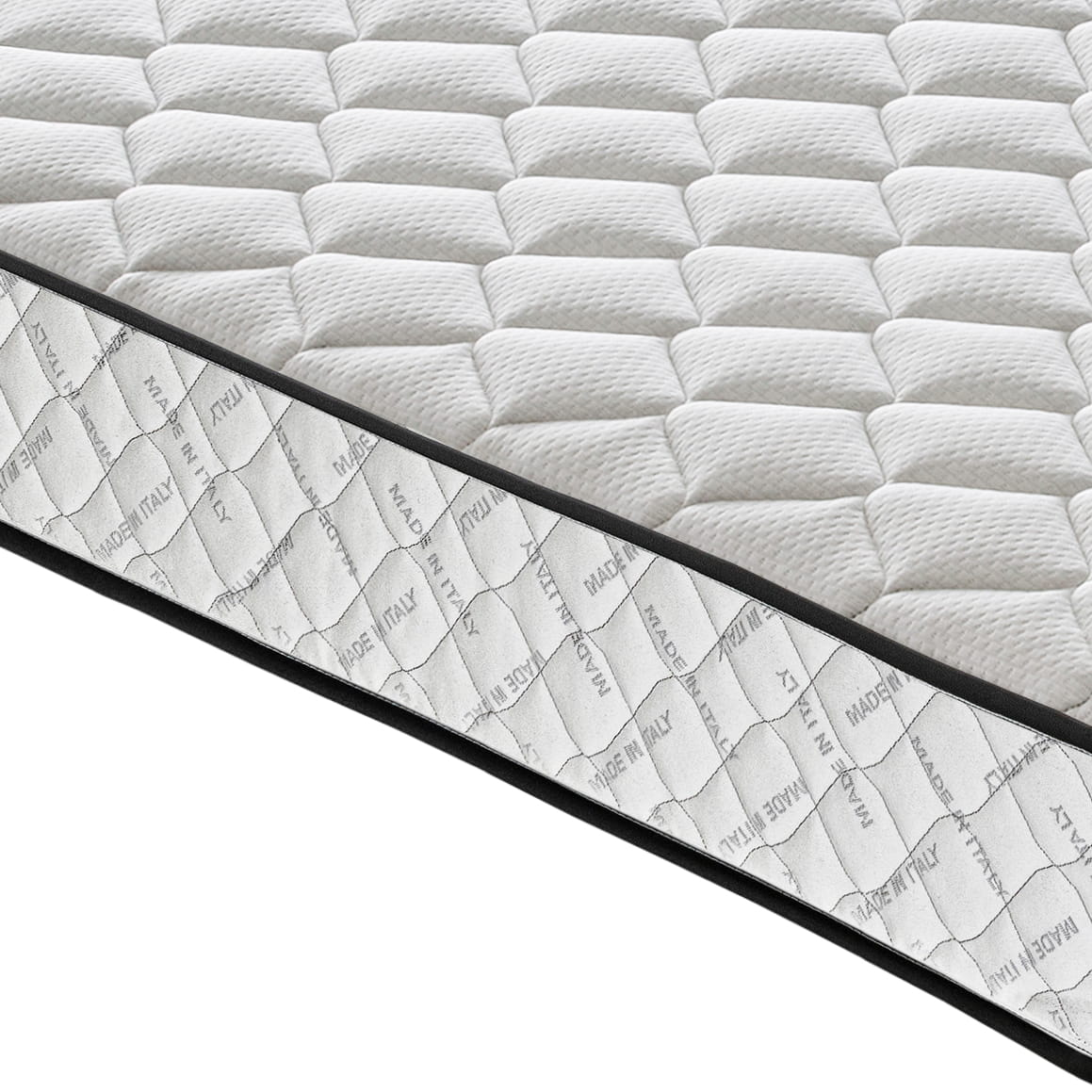Primer plano de un colchón blanco acolchado con borde negro y estampado "Made in Italy".