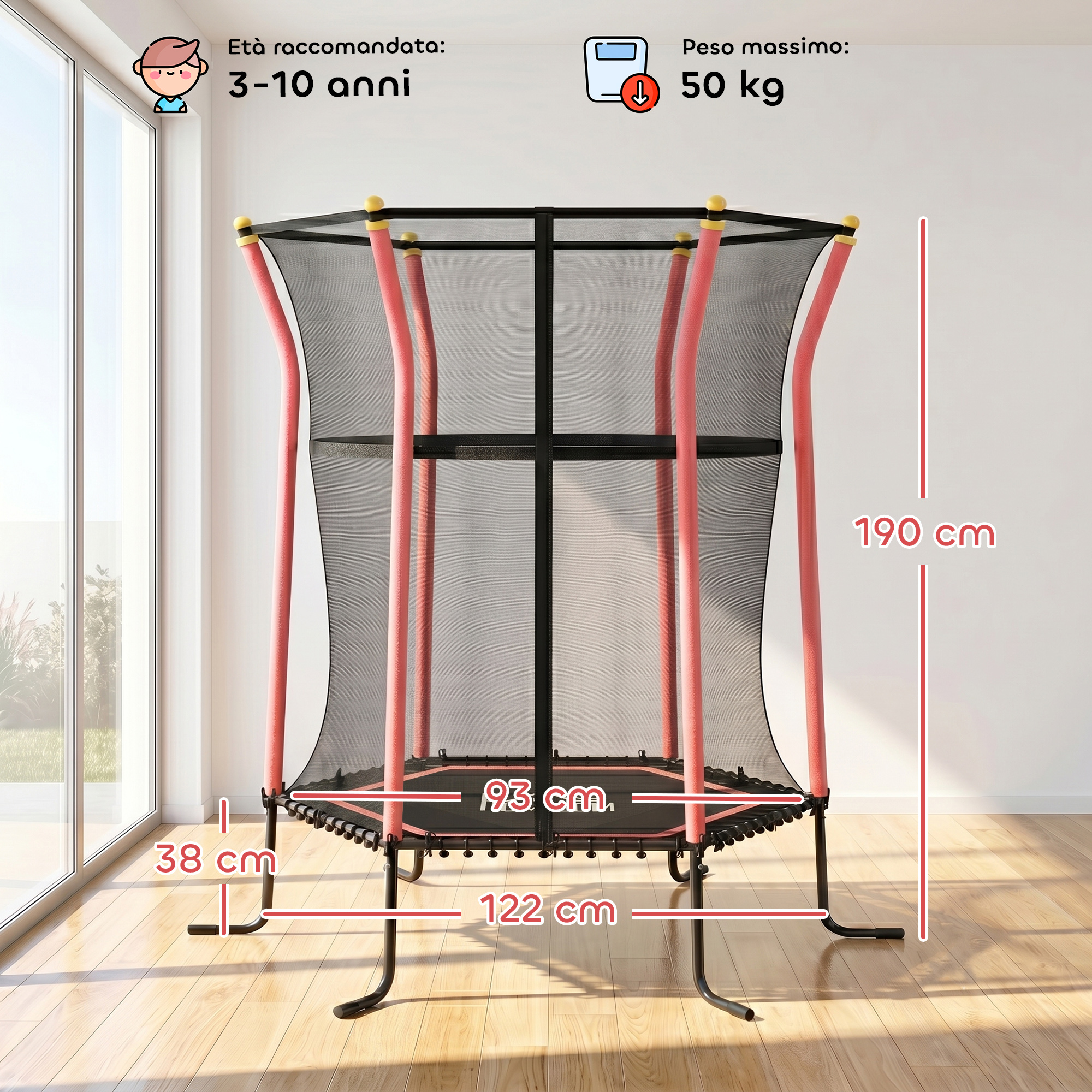 Trampolino con rete di sicurezza, 122cm largo, 93cm profondo, 38cm alto, 190cm alto.