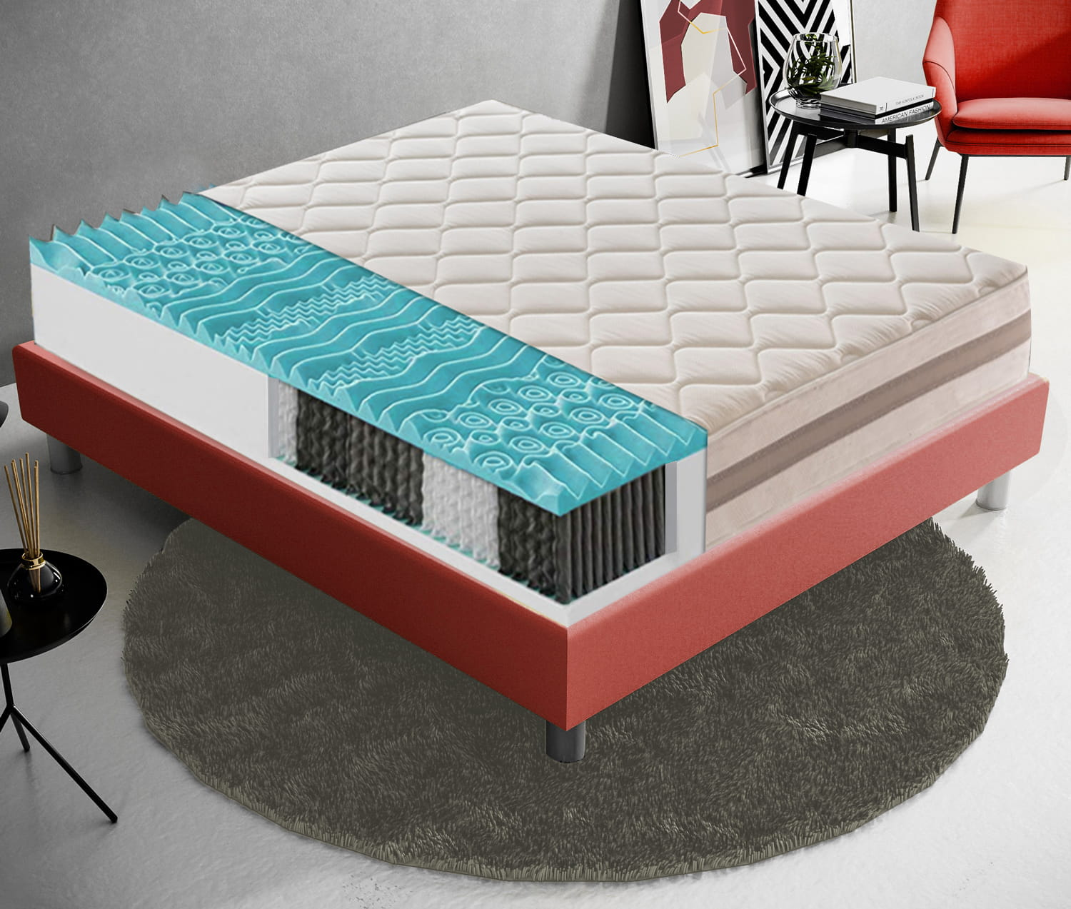 Vista en corte de una cama que muestra un colchón multicapa en un dormitorio moderno.