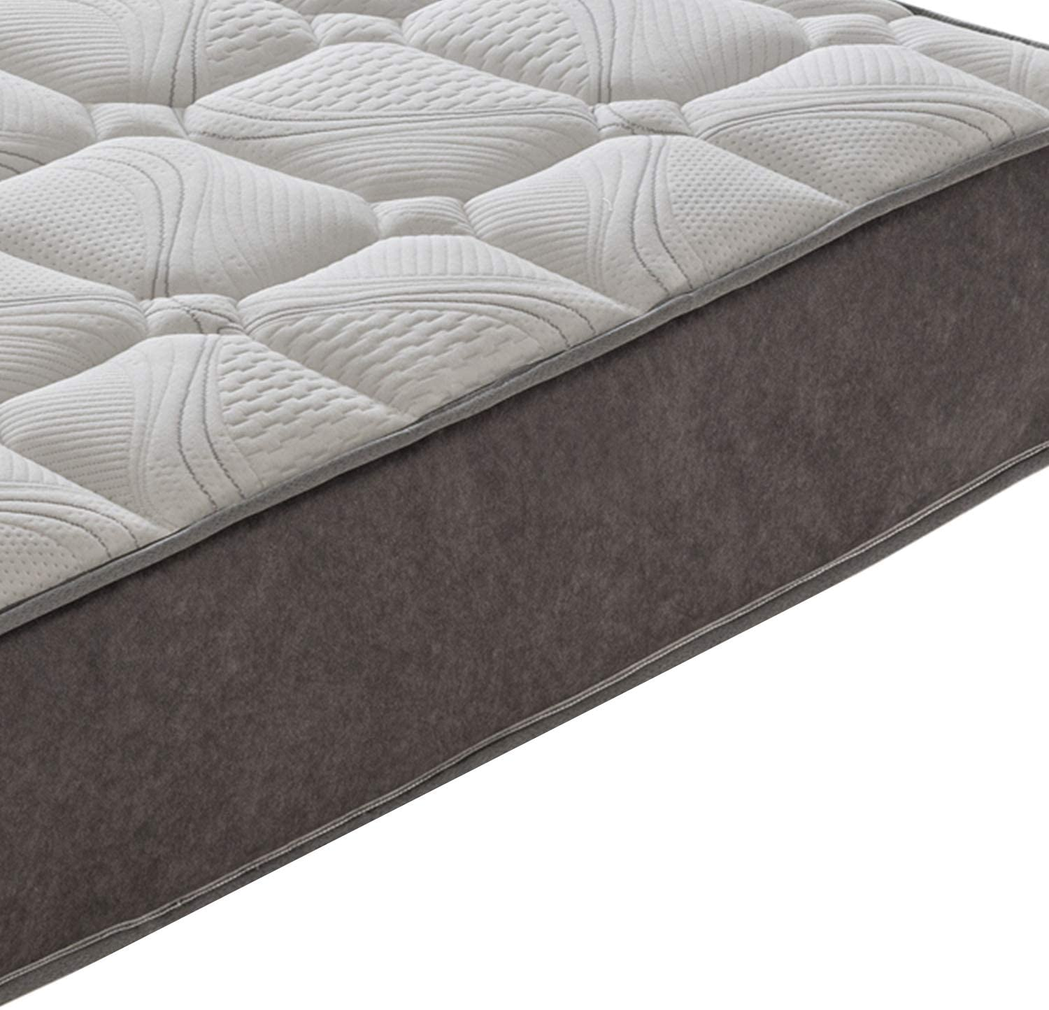 Un primer plano de un colchón blanco con borde gris oscuro y patrón de diamantes.