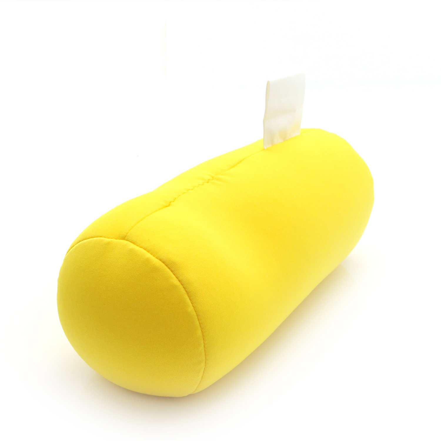 Un cuscino cilindrico giallo con un'etichetta bianca che sporge.