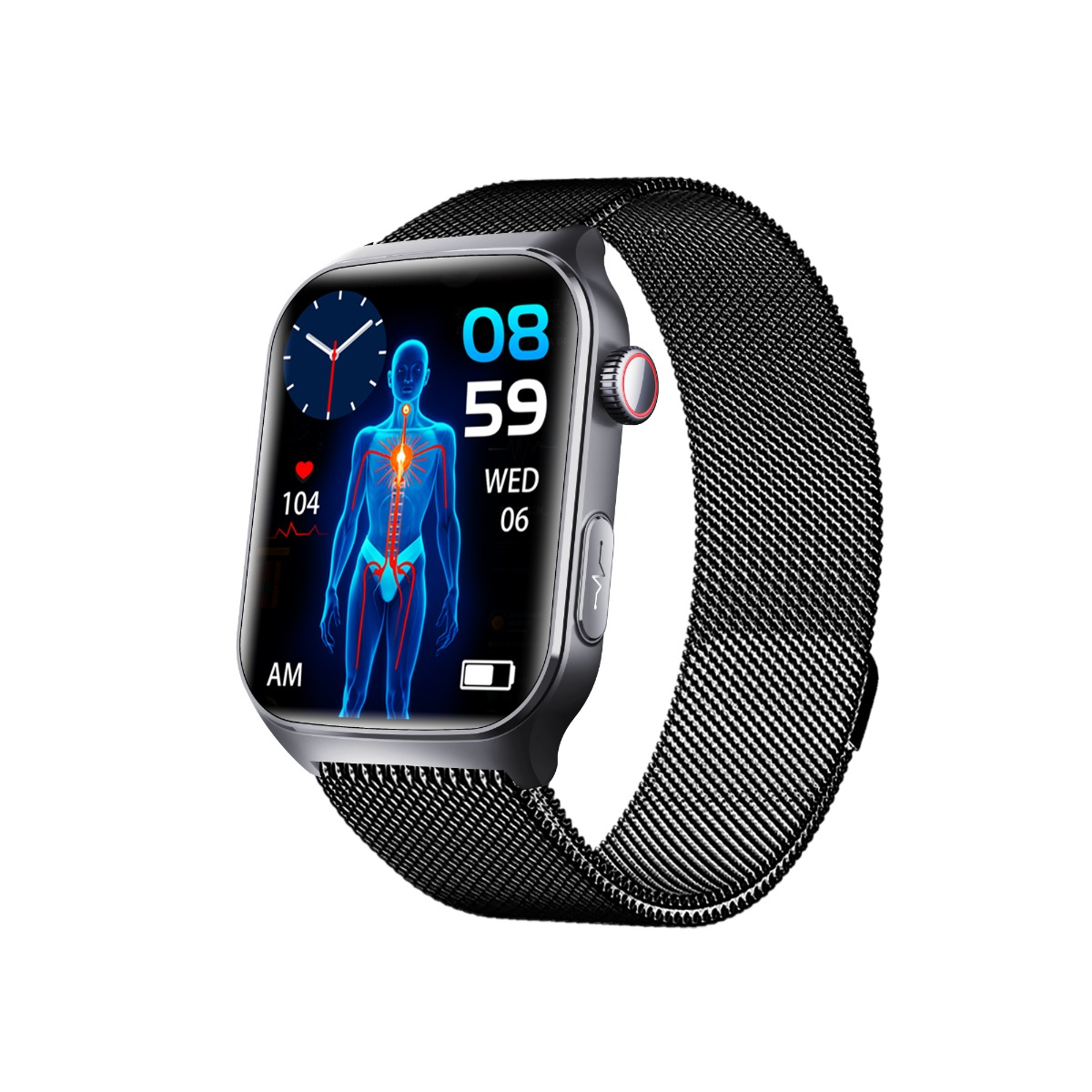 Czarny smartwatch z grafiką ciała człowieka, godziną 08:59 i tętno.