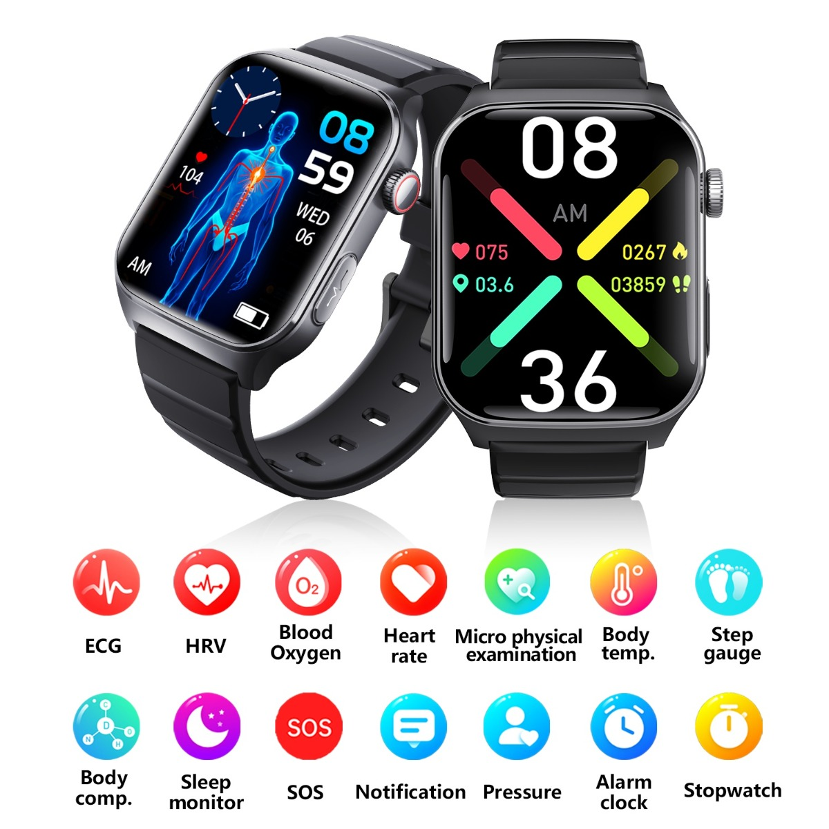 Dwa smartwatche z ikonami zdrowia: EKG, HRV, Tlen we krwi, Tętno, Temperatura, Kroki.