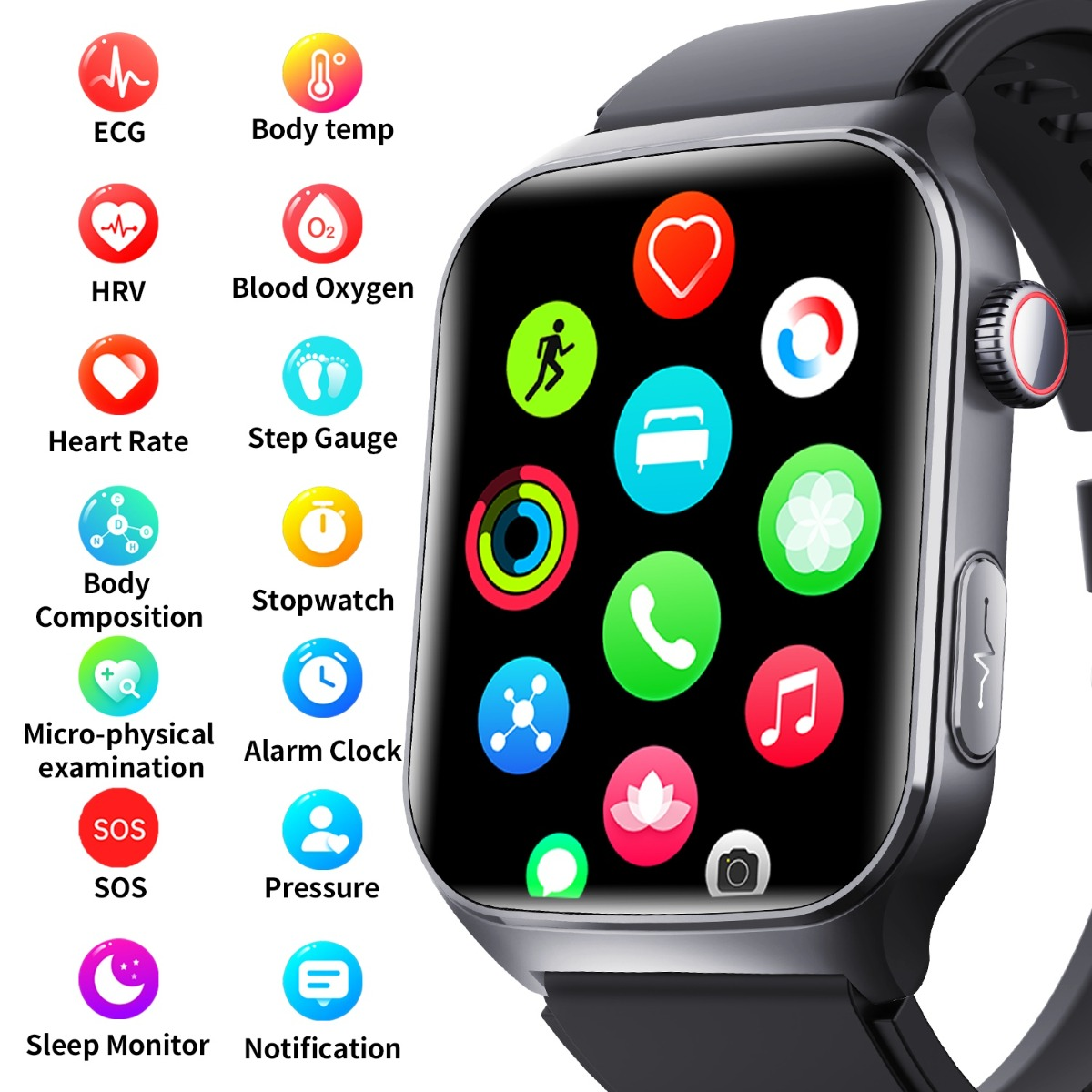 Smartwatch z ikonami aplikacji zdrowotnych: EKG, HRV, Tętno, Skład Ciała, SOS, Monitor Snu.