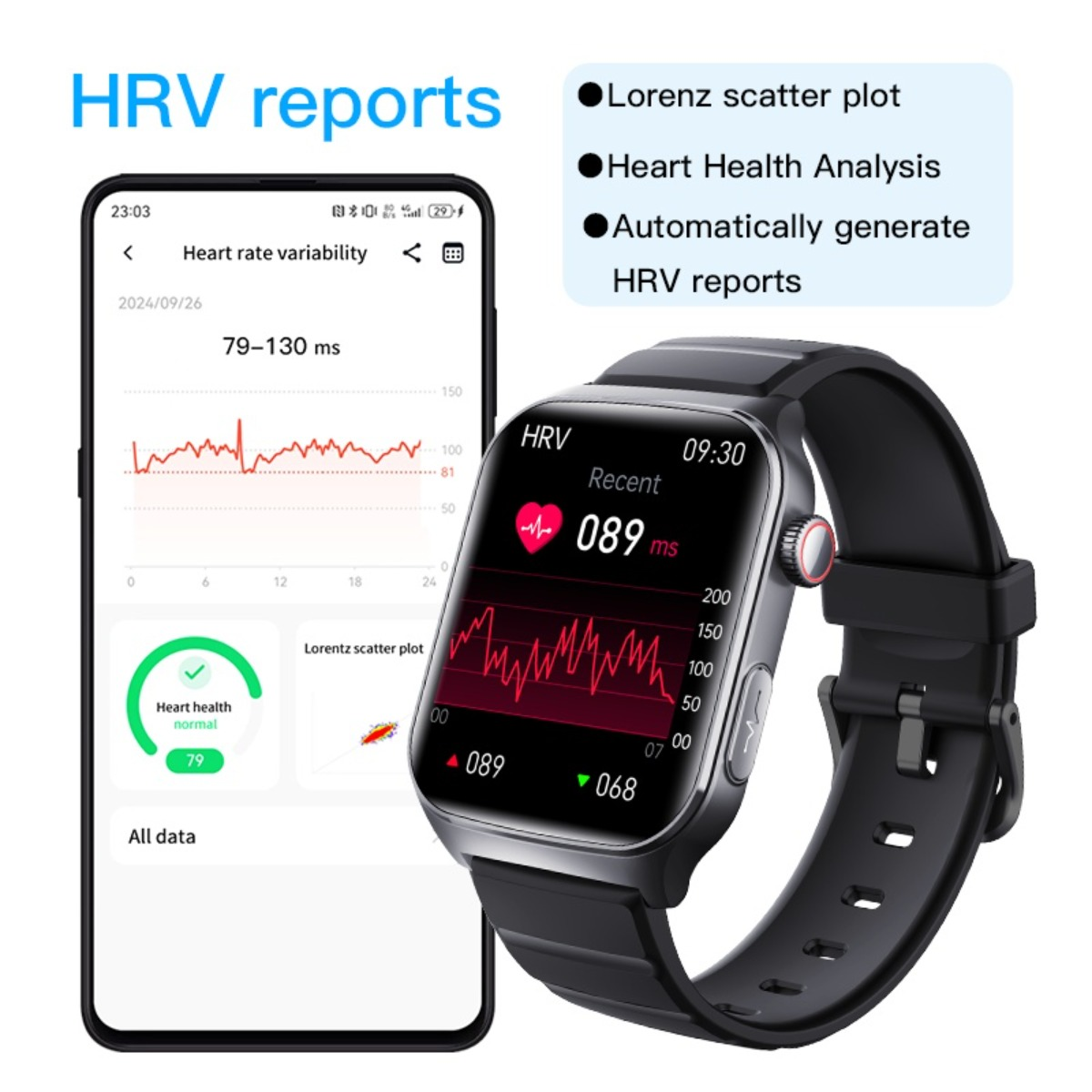Smartfon wyświetla raporty HRV, obok smartwatch pokazuje dane tętna.