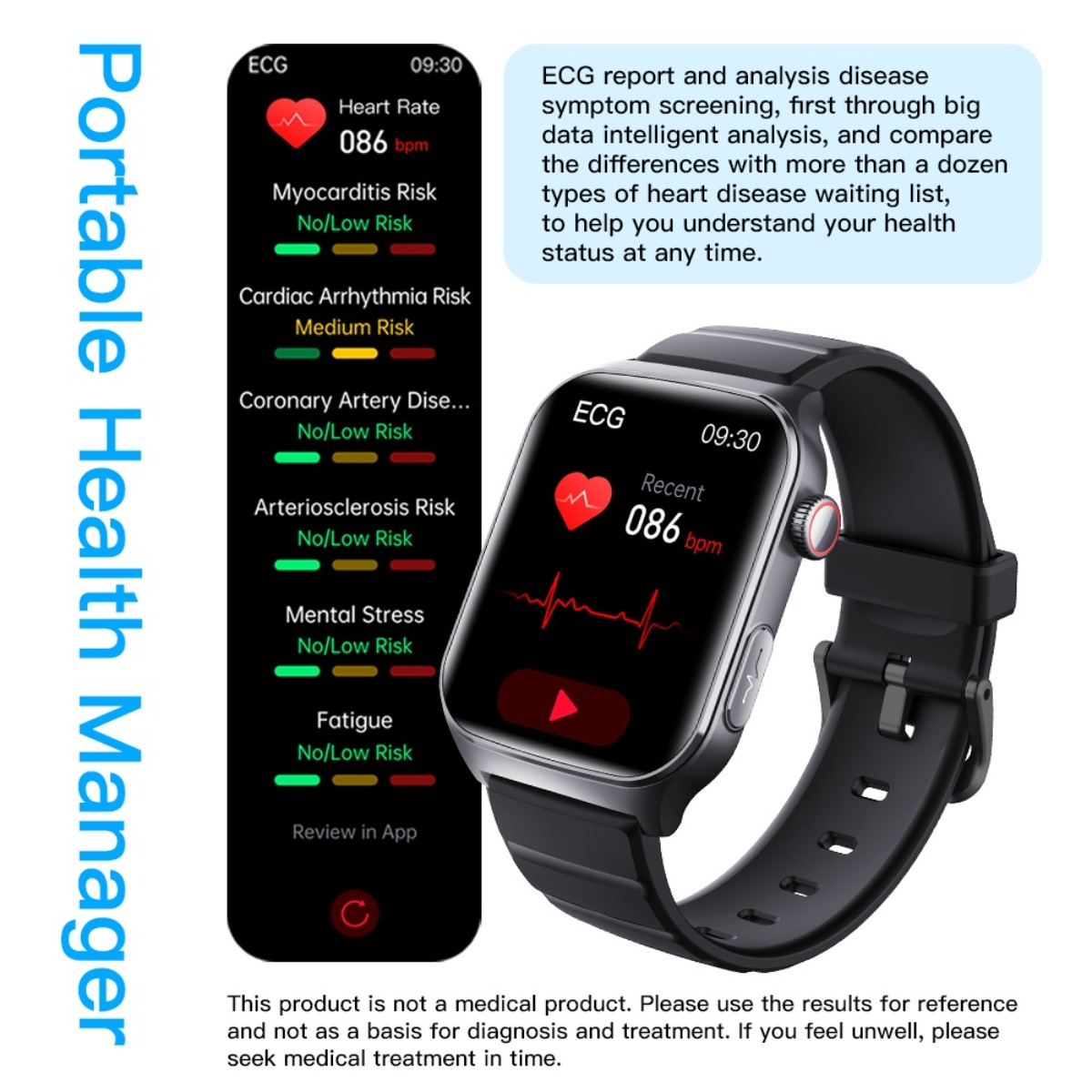 Smartwatch wyświetla raport EKG z tętmem i ocenami ryzyka.