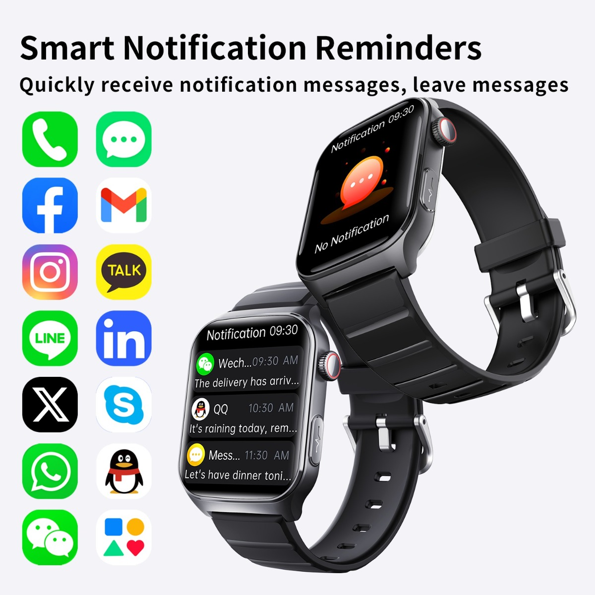 Smartwatch wyświetla ikony aplikacji i powiadomienia. Dwa zegarki.