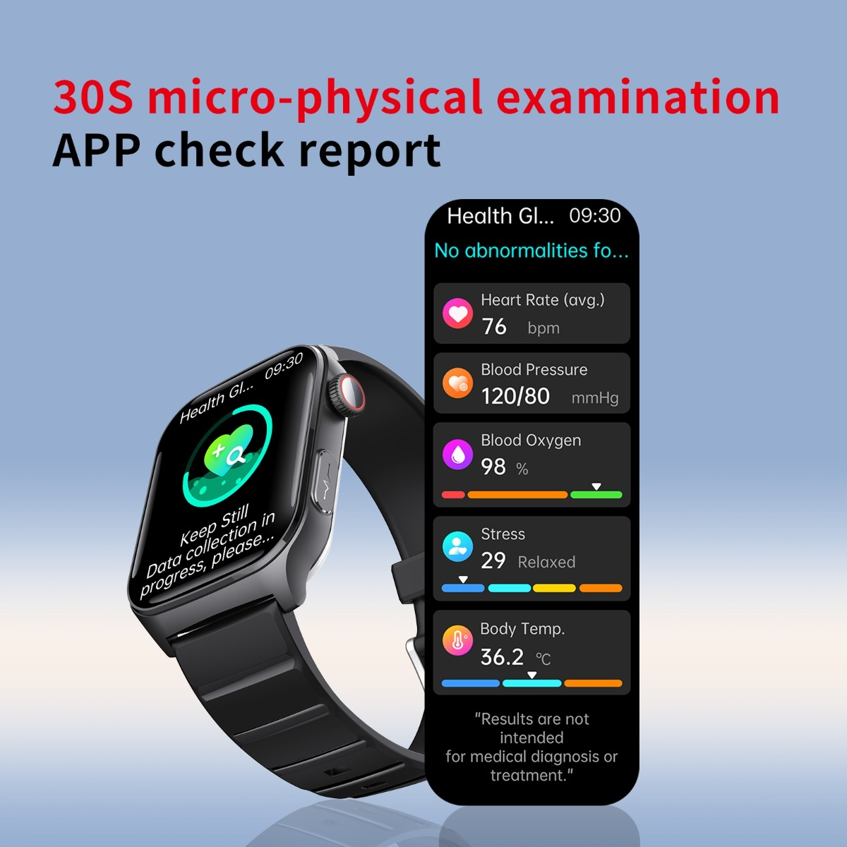Smartwatch wyświetla raport zdrowia: tętno 76 bpm, ciśnienie 120/80, O2 98%, stres 29, temp 36,2C.