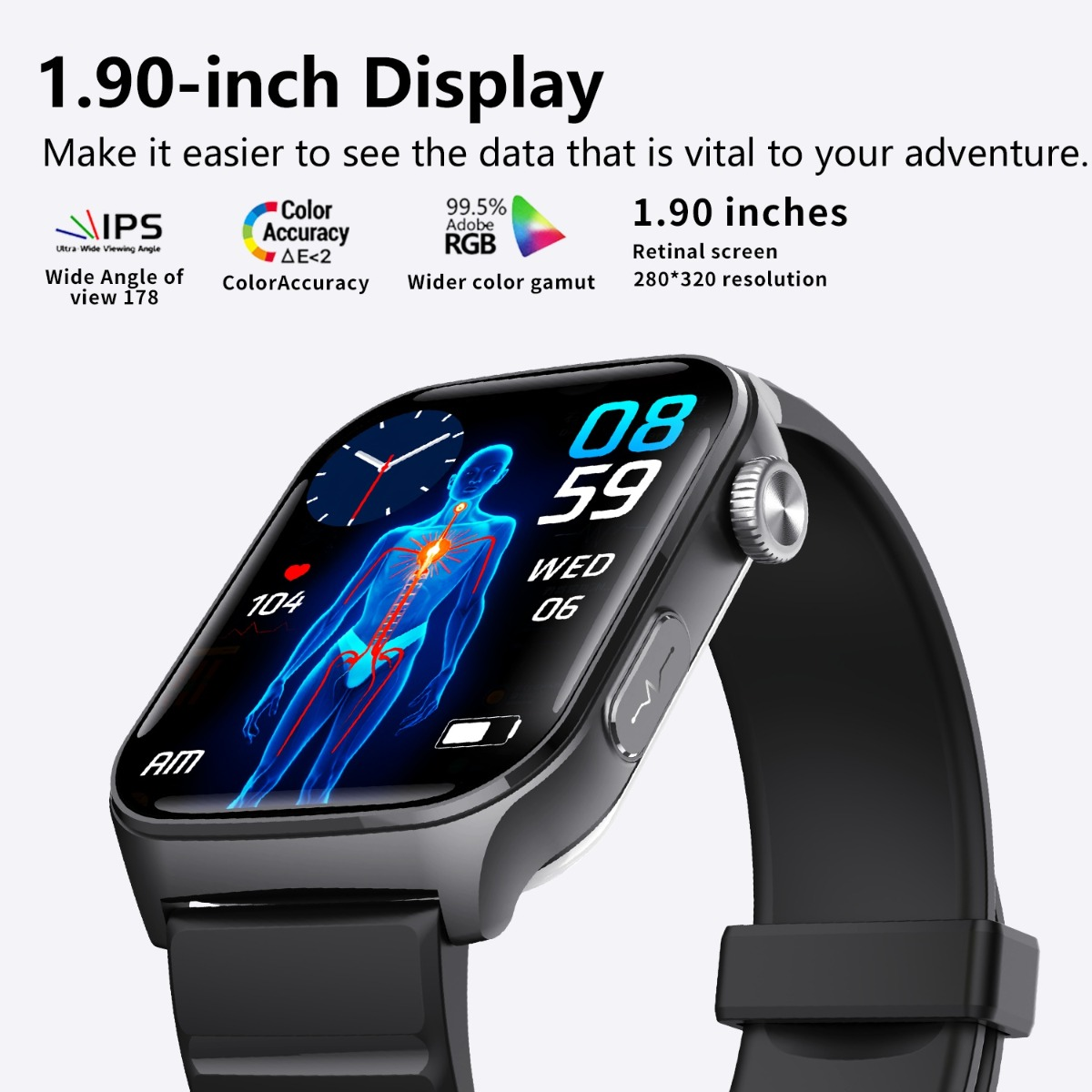 Smartwatch z ekranem 1,90 cala pokazuje dane zdrowotne. 08:59, Śr 06.