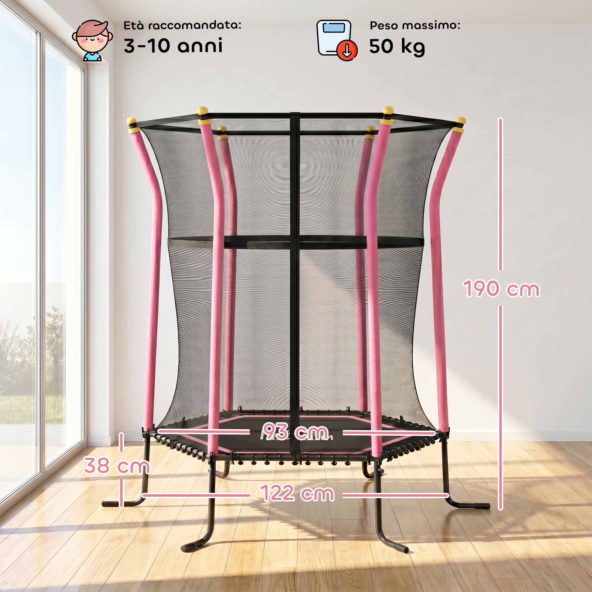 Un trampolino con pali rosa, rete di sicurezza e dimensioni 122x93x190 cm.