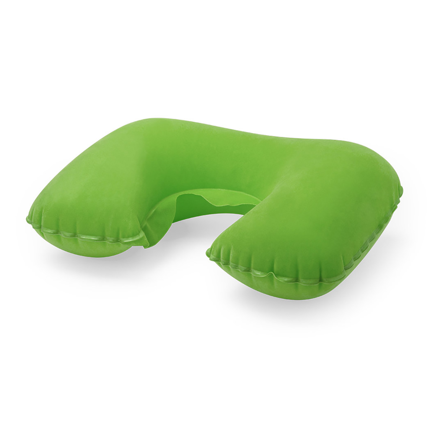 Cuscino da collo gonfiabile verde su sfondo bianco.