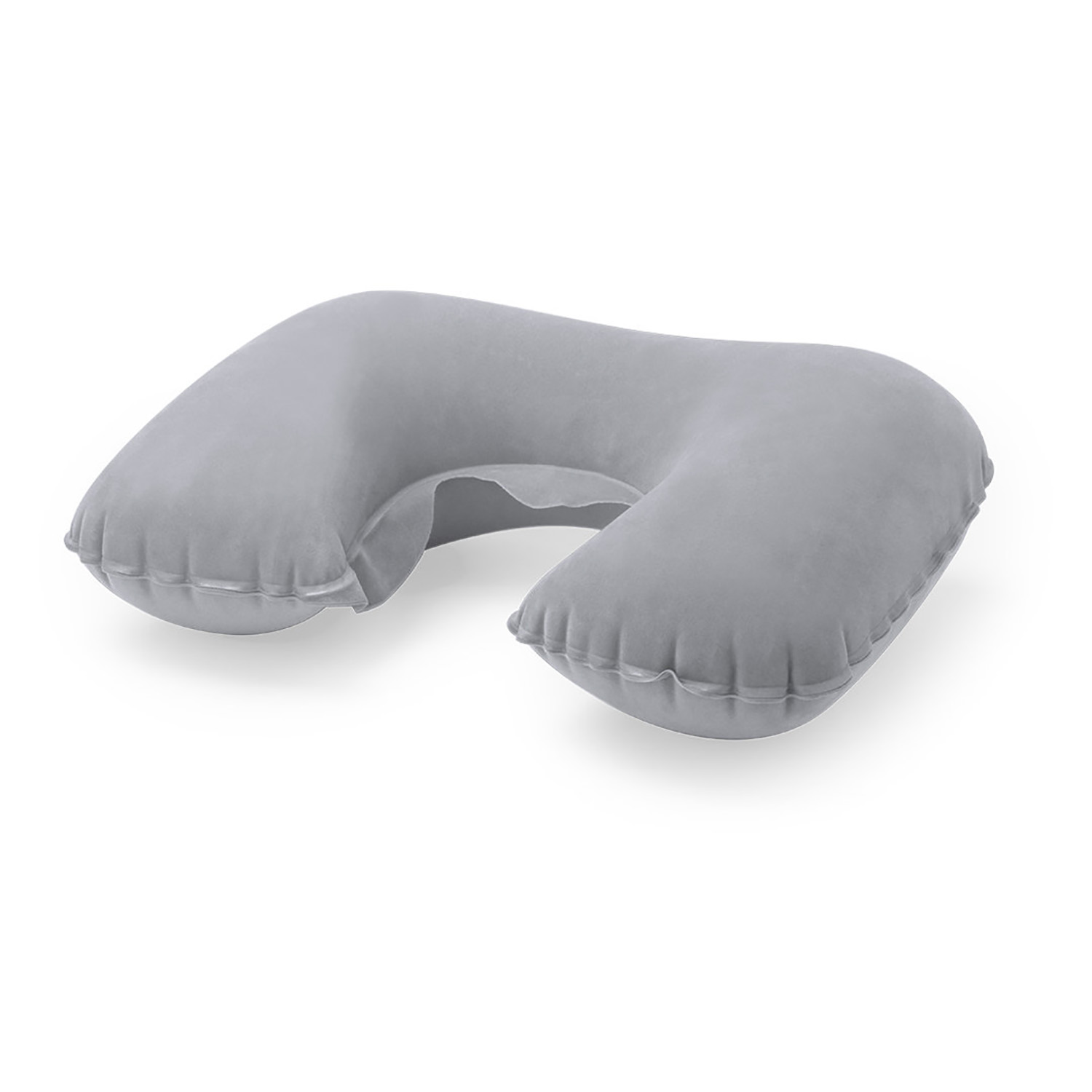 Cuscino gonfiabile grigio a forma di U su sfondo bianco.