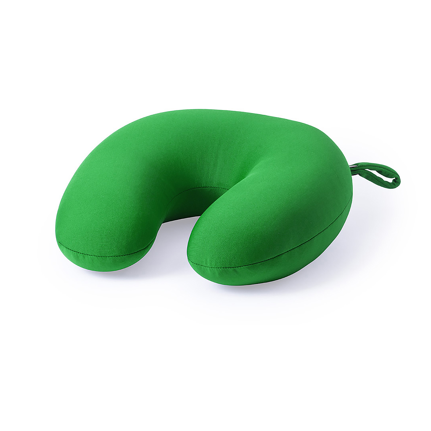 Un cuscino da viaggio verde con un laccio, su sfondo bianco.