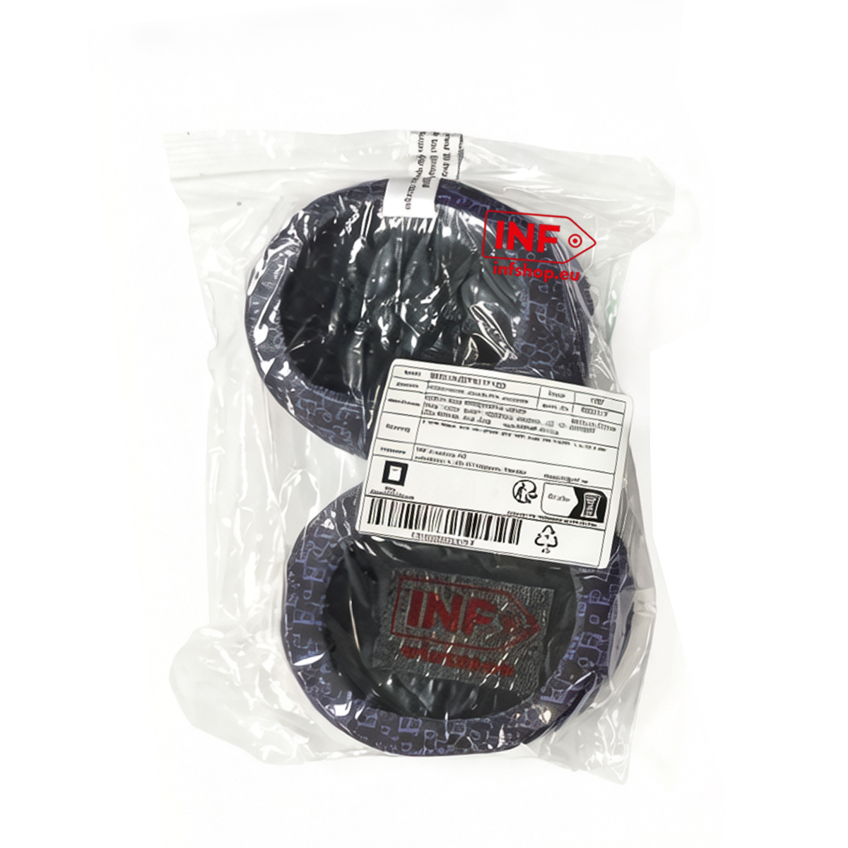 Twee donkere, patroonbekers in een doorzichtige plastic zak met labels.
