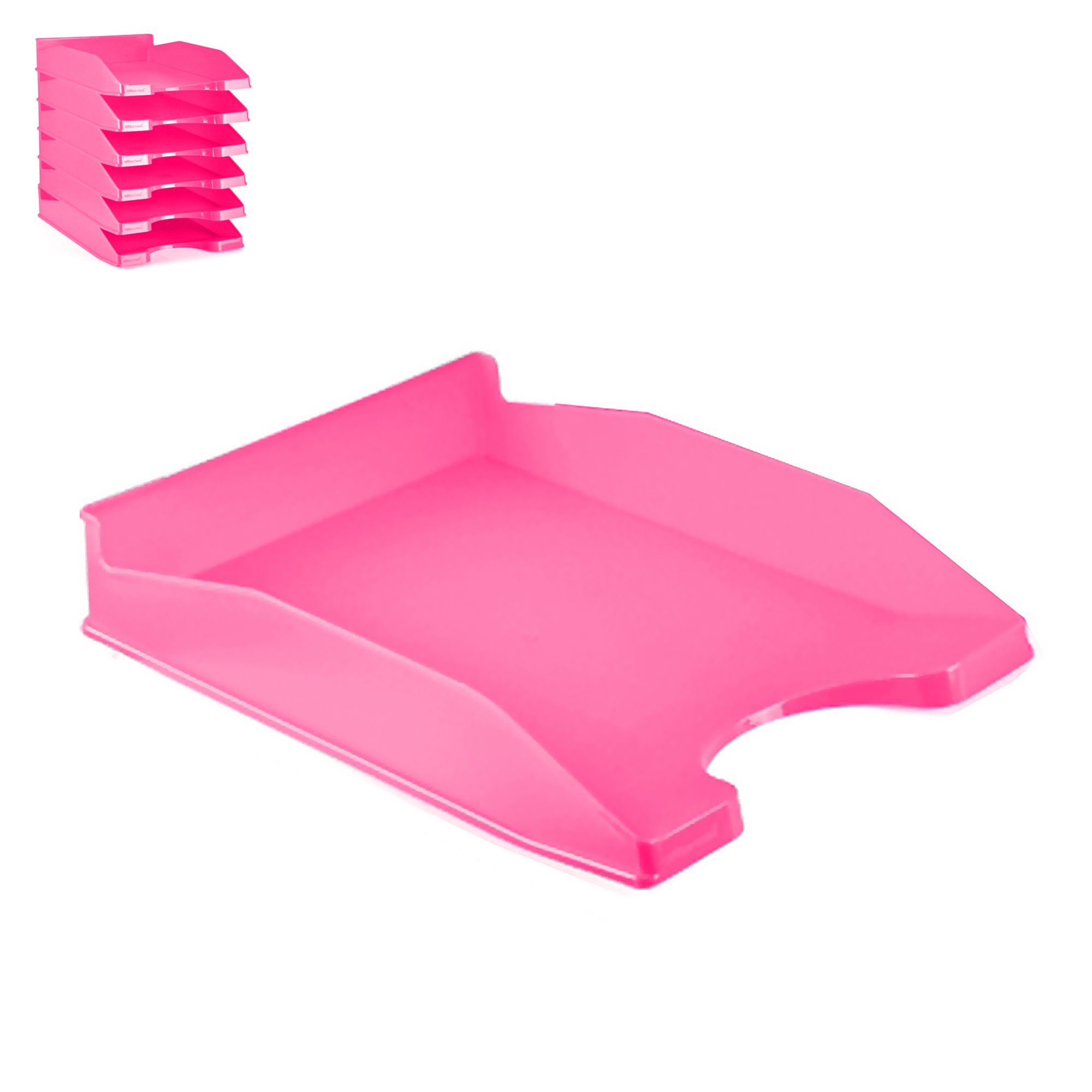 Un vassoio porta documenti rosa singolo e uno impilato su sfondo bianco.