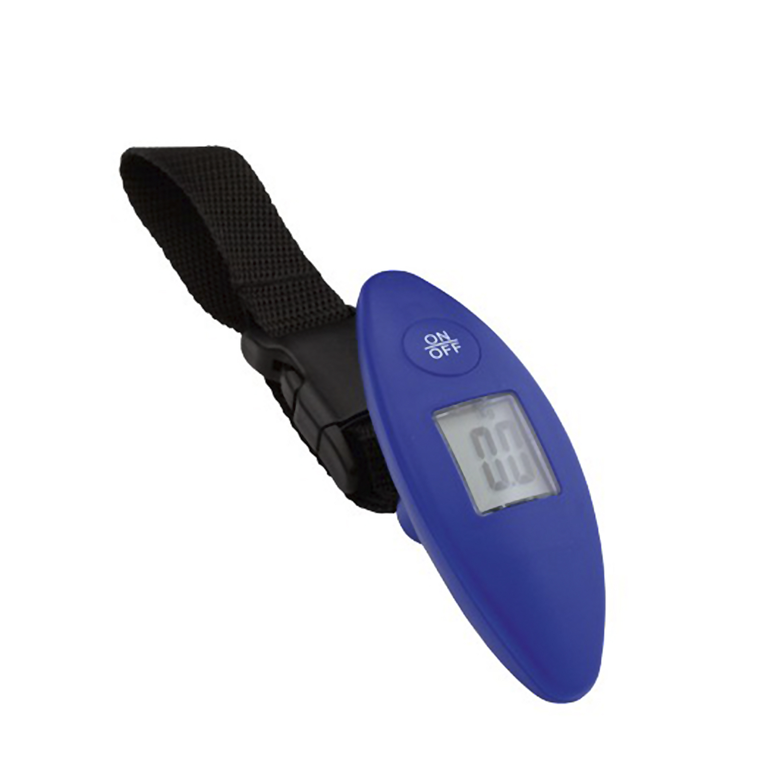 Bilancia digitale blu per bagagli con cinturino nero e display LCD che mostra 0.0.